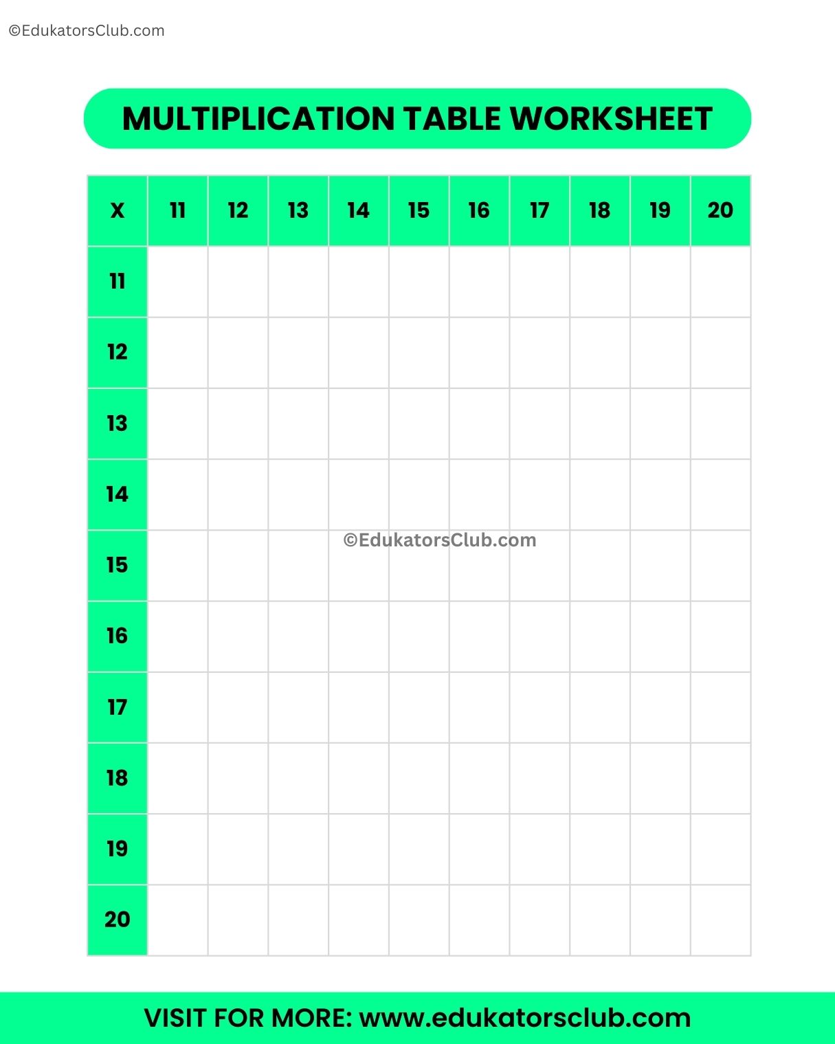 1 to 20 Multiplication Tables Worksheet 1